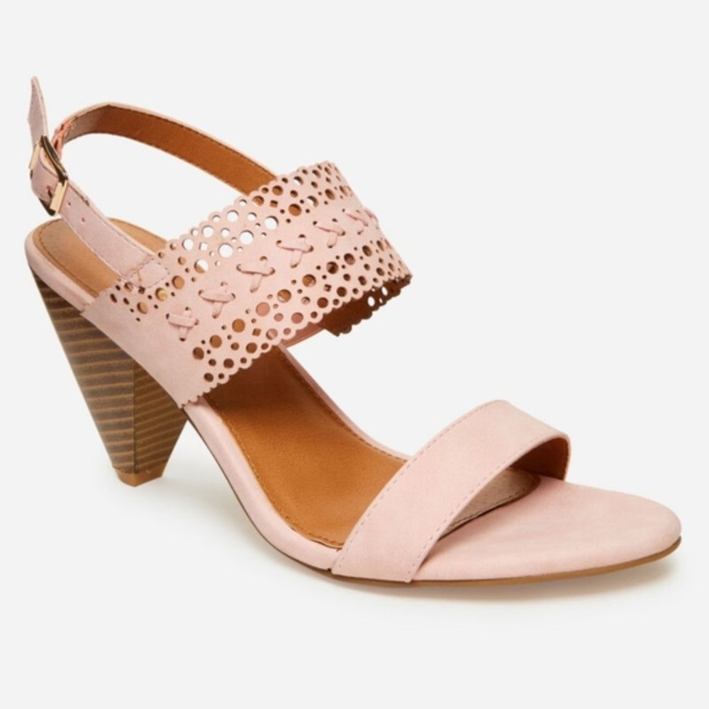 Ashley Stewart Pink Faux Suede Laser Cut Heel Sandals/ Wide Width Sz 12 …
